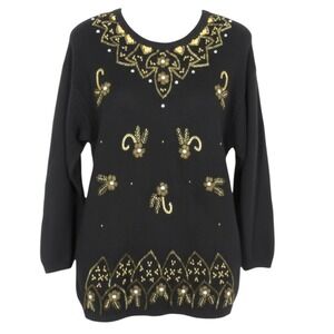 VTG ACCESSORY LADY Black BEADED SEQUINS Ribbed Trim PARTY HOILDAY Knit Sweater M